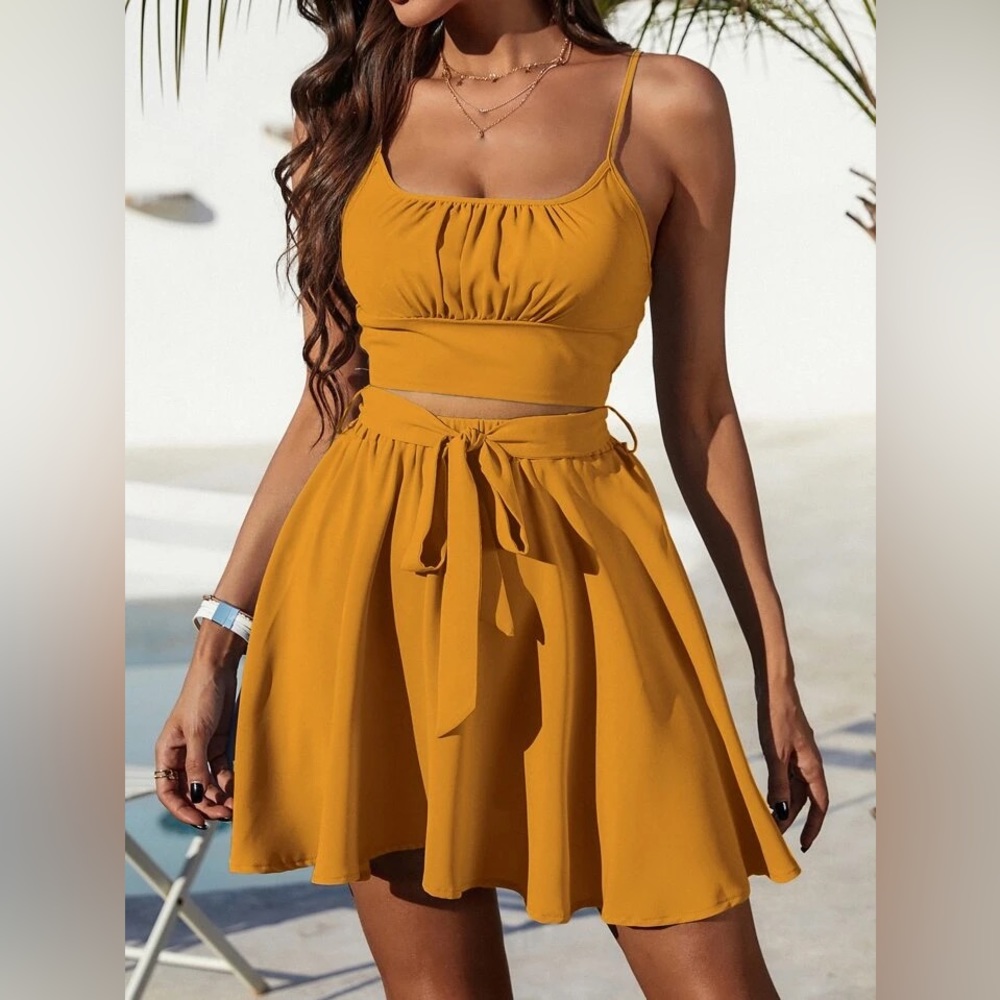 Two-Piece Skirt Set - Crop Cami Top & Tie Front Skirt Outfit & Backless Design - Picture 2 of 12